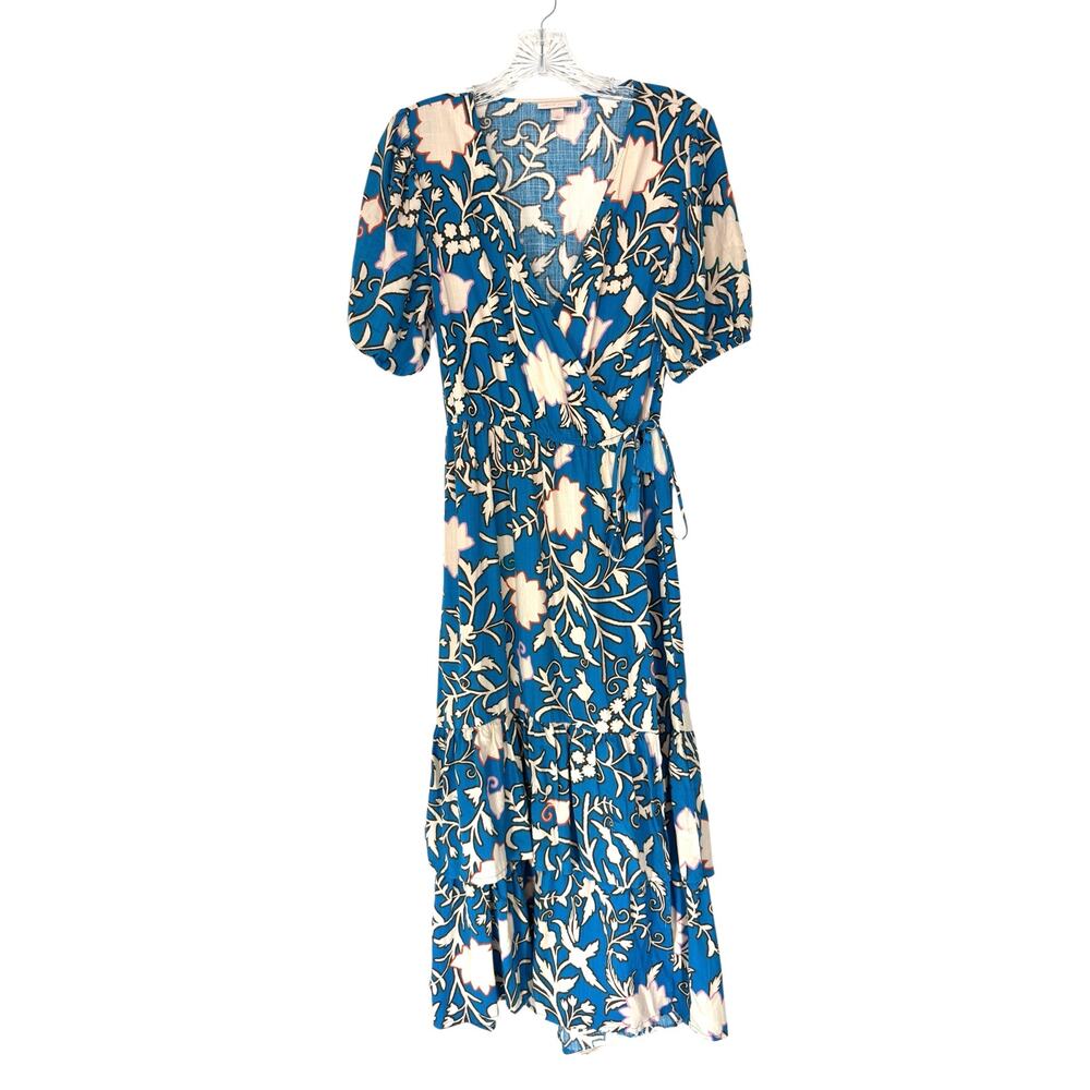 Knox Rose Wrap Dress Blue Bohemian Floral Print‎ Midi Tiered Broomstick Small